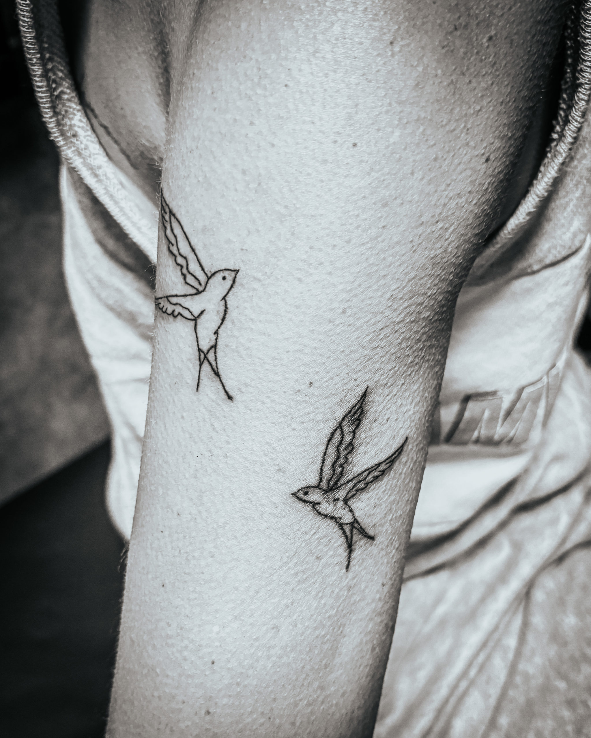 Tatouage hirondelle au Touquet: découvrez un style fineline délicat et symbolique réalisé au salon LH Tattoo, entre élégance et précision